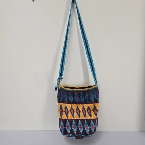 Handmade Crochet Shoulder Bag Boho Geometric Pattern Multicolor‎ Strap - Picture 3 of 7